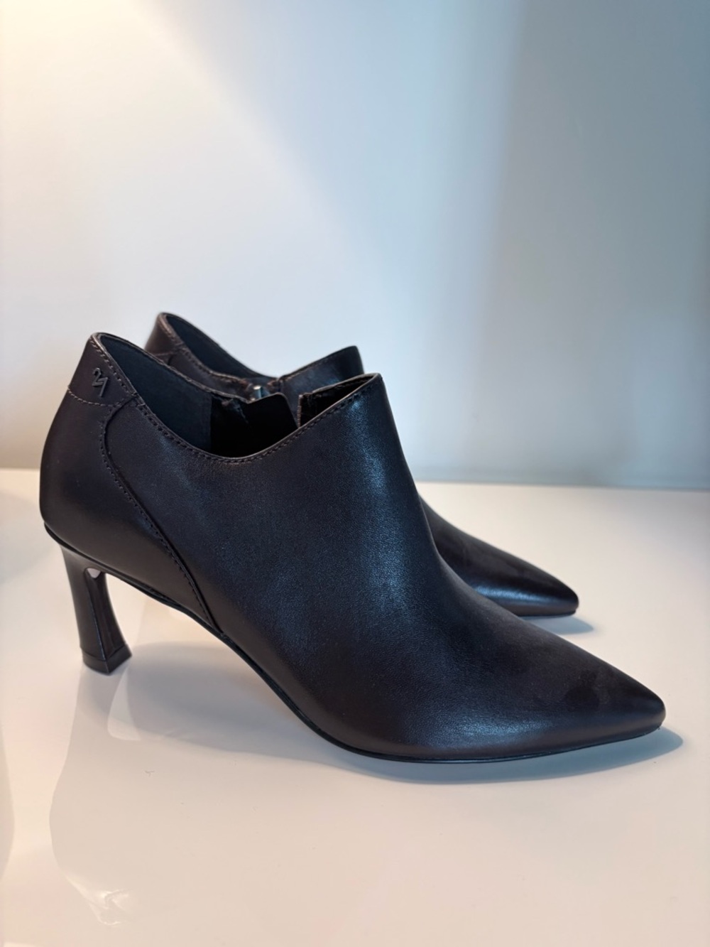 27 EDIT dark brown Pointed Leather Ankle Booties with Sculpted Heel